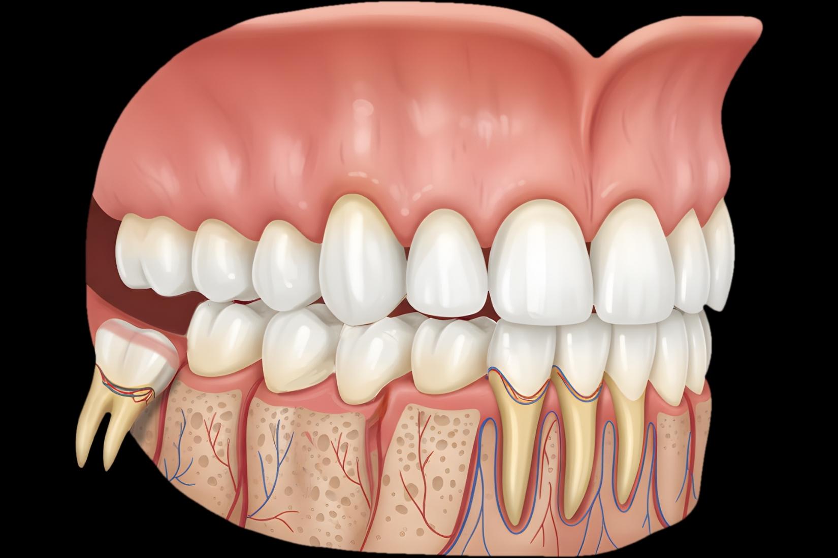 20 yaş dişi konumu ve çene yapısı üzerinde etkilerini gösteren ağız içi görüntü.