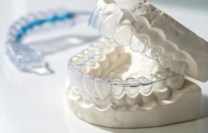 Gece plağı kullanımını gösteren üst çene şeffaf ağız koruyucu görüntüsü.