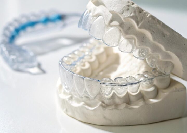 Gece plağı kullanımını gösteren üst çene şeffaf ağız koruyucu görüntüsü.