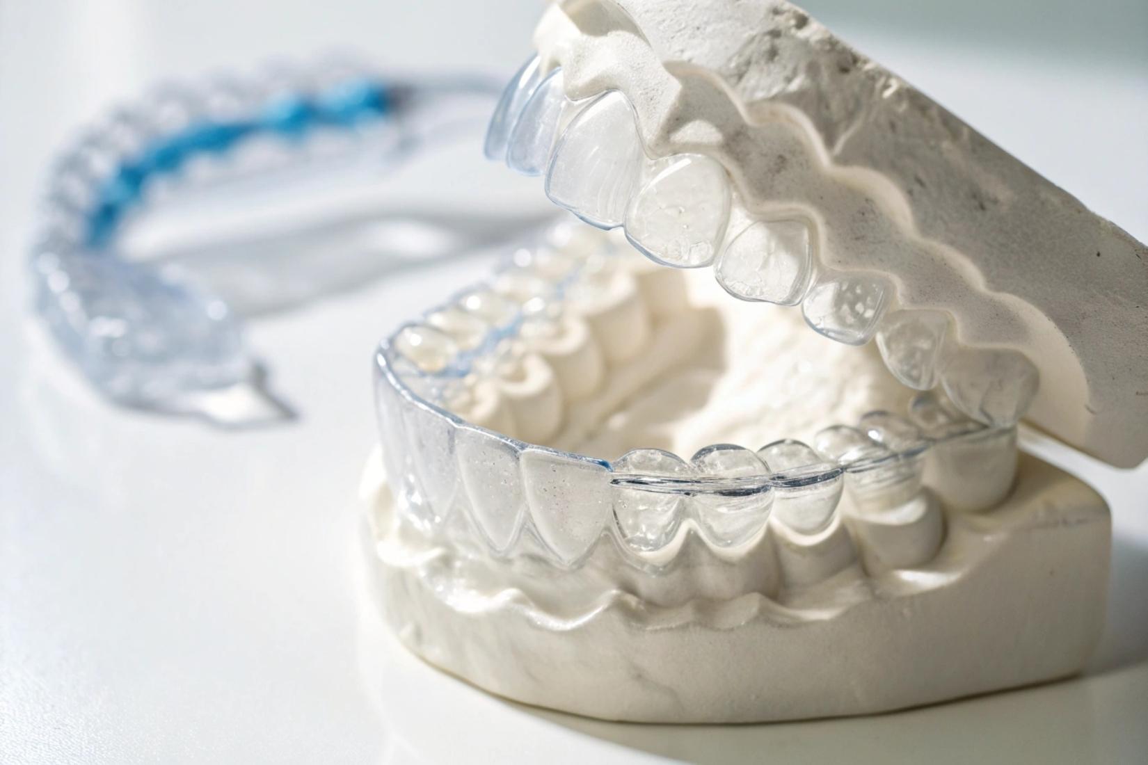 Gece plağı kullanımını gösteren üst çene şeffaf ağız koruyucu görüntüsü.