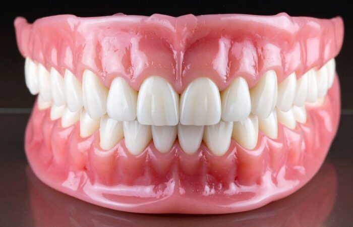 Protez dişlerin doğru temizlenmesini gösteren ağız bakım uygulaması.
