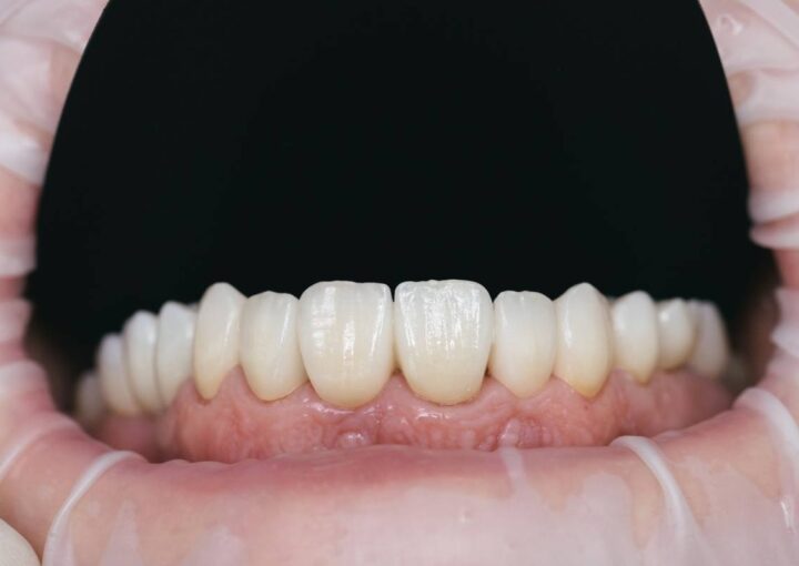 Zirkonyum diş kaplama uygulanmış doğal görünümlü dişlerin ağız içi detay görüntüsü.