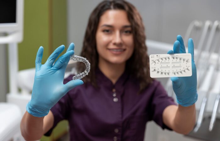 Şeffaf plak ortodontik apareyin dişler üzerindeki konumunu gösteren bilgilendirici diş hekimliği görseli.