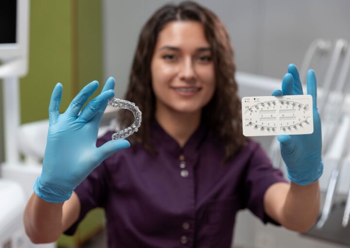 Şeffaf plak ortodontik apareyin dişler üzerindeki konumunu gösteren bilgilendirici diş hekimliği görseli.